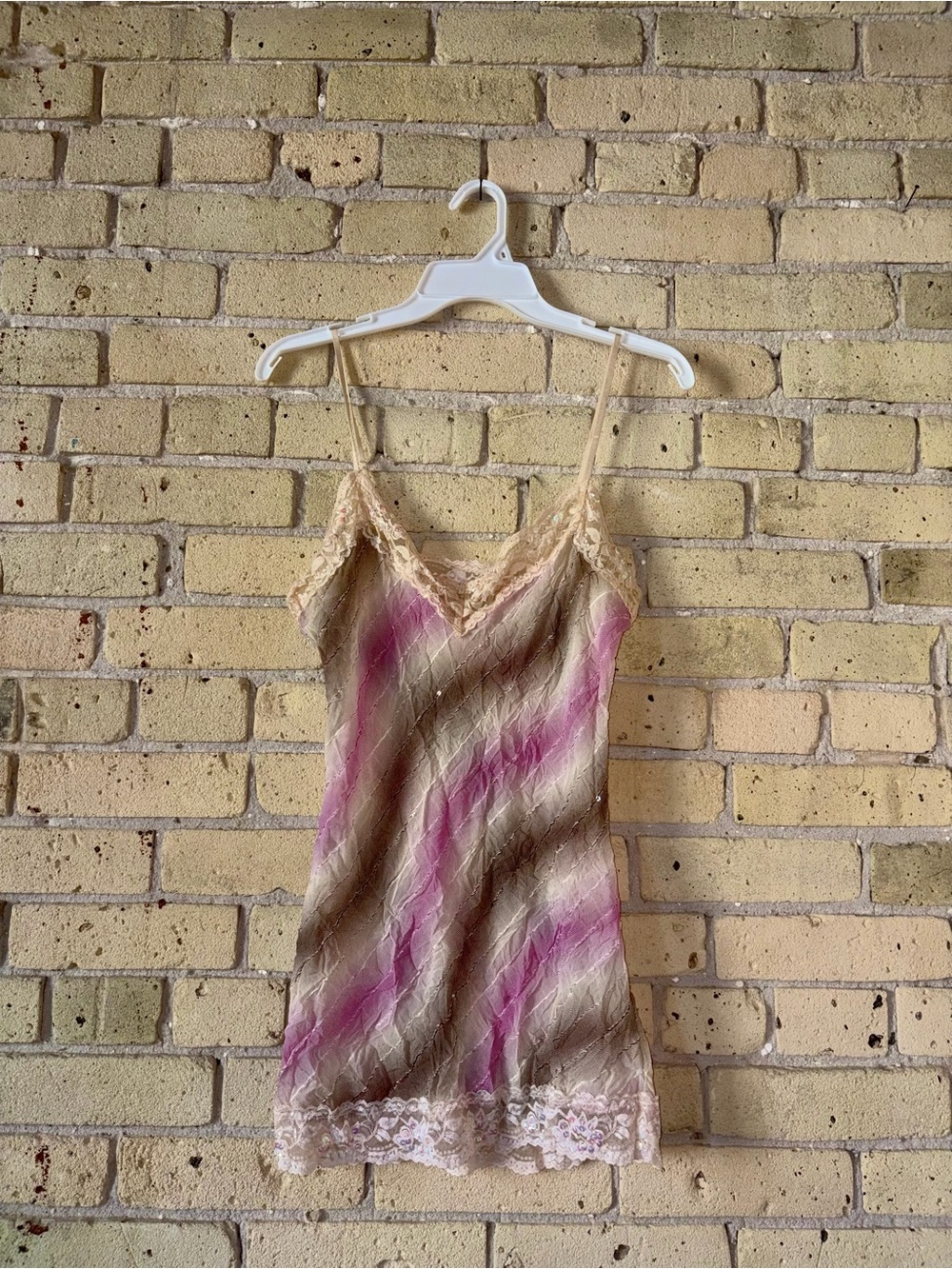 Silky Lace-Trim Slip Dress in Beige & Pink Stripes